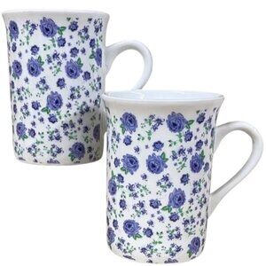 Set 2 Blue Roses on White porcelain cups delicately beautiful coffee tea mug EUC